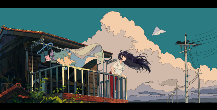 1girl :o absurdres against_railing balcony black_hair blanket blue_sky bra bright_pupils clothes_hanger clouds day floating_hair highres kogecha_(coge_ch) leaf leaning_forward letterboxed long_hair looking_at_viewer open_mouth original outdoors pants paper_airplane purple_bra red_eyes red_pants scenery shirt short_sleeves sky solo standing telephone_pole tile_roof underwear very_long_hair white_shirt wind yellow_shirt