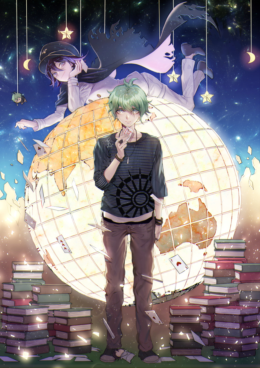 2boys absurdres ace_of_hearts amami_rantarou antenna_hair arm_at_side bangle black_cape black_footwear black_hat black_shirt book_stack bracelet brown_pants cape card character_doll closed_mouth club_(shape) collarbone crescent dangan_ronpa earrings full_body gloves green_eyes green_hair hair_between_eyes hand_on_own_cheek hat highres holding holding_card jewelry joker legs_apart legs_up long_sleeves looking_at_viewer lying male_focus multiple_boys necklace new_dangan_ronpa_v3 no_socks on_stomach ouma_kokichi pants peaked_cap pendant playing_card purple_hair ring serious shirt sky smile standing star star_(sky) starry_sky straitjacket striped striped_shirt stud_earrings violet_eyes white_pants zuizi
