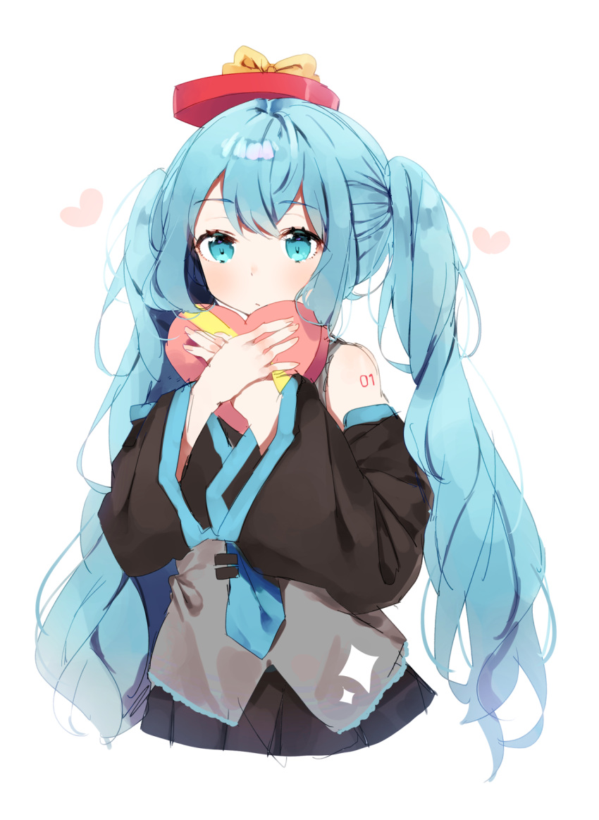 1girl bangs bare_shoulders blue_eyes blue_hair blue_neckwear blush box closed_mouth detached_sleeves eyebrows_visible_through_hair gift gift_box grey_shirt hatsune_miku heart heart-shaped_box highres holding holding_gift long_hair long_sleeves looking_at_viewer necktie number_tattoo on_head ongyageum shiny shiny_hair shirt shoulder_tattoo simple_background solo tattoo twintails upper_body very_long_hair vocaloid white_background wide_sleeves