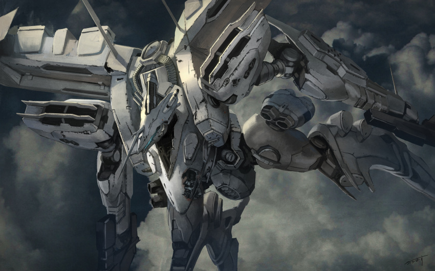 armored_core armored_core:_for_answer clouds dual_wielding dutch_angle flying glowing gun highres holding holding_gun holding_weapon karamas mecha mechanical military outdoors weapon white_glint