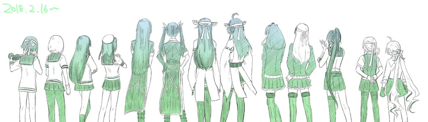 2018 6+girls adjusting_clothes adjusting_gloves ahoge arms_behind_back asymmetrical_hair asymmetrical_legwear bare_shoulders beret binoculars chikuma_(kantai_collection) cowboy_shot crossed_arms dated detached_sleeves double_bun dress elbow_gloves from_behind gloves hair_ribbon hairband hamakaze_(kantai_collection) hands_on_hips haruna_(kantai_collection) hat headband headgear isokaze_(kantai_collection) japanese_clothes kantai_collection kiyoshimo_(kantai_collection) kneehighs kongou_(kantai_collection) kumano_(kantai_collection) long_hair long_sleeves low_twintails monochrome multicolored_hair multiple_girls nontraditional_miko nowaki_(kantai_collection) pantyhose pelvic_curtain pleated_skirt ponytail ribbon ribbon-trimmed_sleeves ribbon_trim sailor_collar sailor_dress sebas_murasaki shirt short_hair short_sleeves simple_background single_glove single_thighhigh skirt sleeveless sleeveless_dress suzuya_(kantai_collection) thigh-highs tone_(kantai_collection) twintails two-tone_hair urakaze_(kantai_collection) white_background wide_sleeves yahagi_(kantai_collection) yukikaze_(kantai_collection)