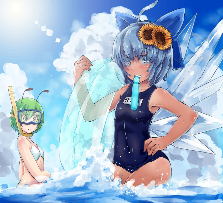 2girls ahoge antennae b.d bikini blue_bow blue_eyes blue_hair bow cirno closed_mouth covered_navel day diving_mask diving_mask_on_eyes eyebrows_visible_through_hair flower graphite_(medium) hair_bow hair_flower hair_ornament hand_on_hip hand_up highres holding ice ice_wings innertube looking_at_another looking_at_viewer mechanical_pencil mouth_hold multiple_girls one-piece_swimsuit open_mouth outdoors pencil school_swimsuit short_hair snorkel standing sun sunflower_hair_ornament swimsuit tan tanned_cirno touhou traditional_media upper_body water wet wings wriggle_nightbug