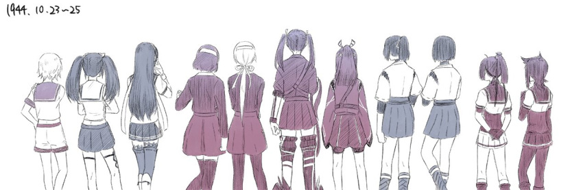 6+girls akizuki_(kantai_collection) armor armored_boots arms_behind_back bodysuit boots chitose_(kantai_collection) chiyoda_(kantai_collection) corset cowboy_shot dated from_behind hachimaki hair_flaps hair_ornament hairband hakama_skirt hatsuzuki_(kantai_collection) headband headgear high_ponytail hyuuga_(kantai_collection) ise_(kantai_collection) isuzu_(kantai_collection) japanese_clothes kantai_collection kimono kneehighs long_hair long_sleeves low_ponytail miniskirt monochrome multiple_girls multiple_monochrome ooyodo_(kantai_collection) pleated_skirt ponytail remodel_(kantai_collection) sailor_collar school_uniform sebas_murasaki serafuku short_hair short_sleeves shorts skirt tama_(kantai_collection) tasuki thigh-highs twintails undershirt wide_sleeves zuihou_(kantai_collection) zuikaku_(kantai_collection)