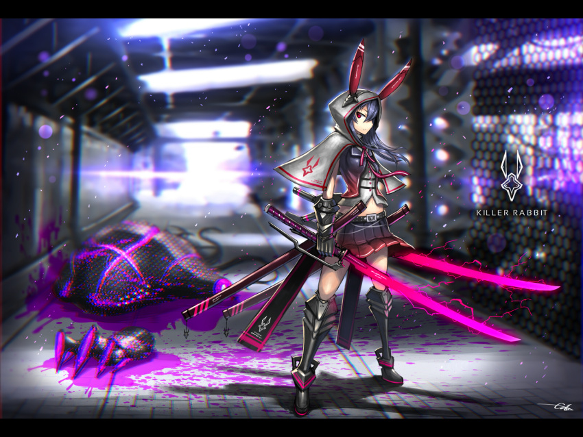 1girl animal_ears armor armored_boots black_hair blurry blurry_background boots capelet dual_wielding full_body gauntlets gia highres hood katana legs_apart long_hair looking_at_viewer midriff original pleated_skirt rabbit_ears red_eyes skirt solo standing sword weapon wind