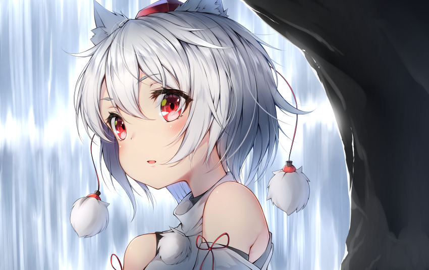1girl absurdres animal_ears bangs bare_shoulders detached_sleeves hat highres inubashiri_momiji nyum pom_pom_(clothes) red_eyes red_string short_hair solo string tokin_hat touhou upper_body water waterfall white_background wolf_ears