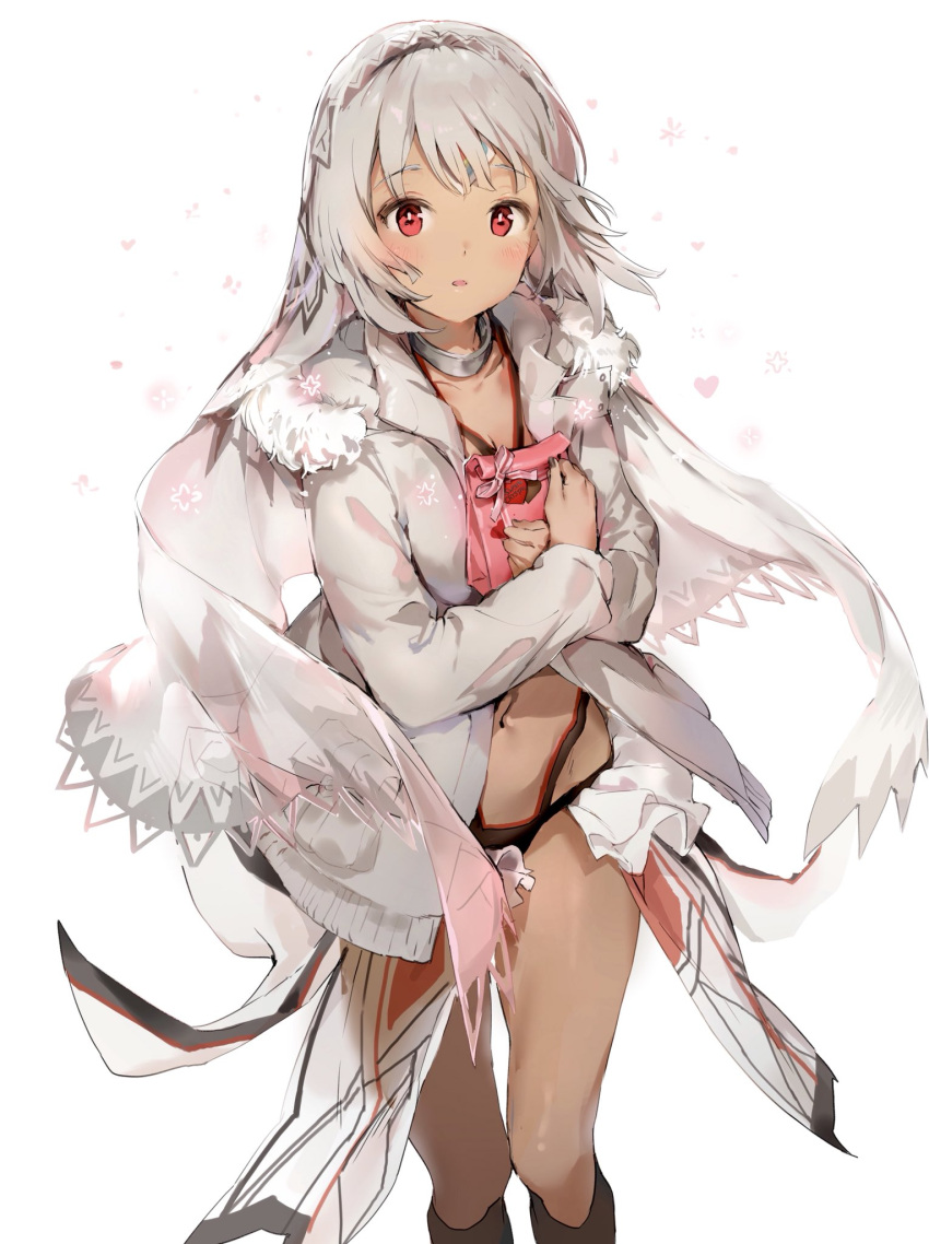 1girl altera_(fate) anmi bangs blush dark_skin fate/extella fate/extra fate_(series) gift grey_hair hairband highres holding holding_gift looking_at_viewer navel parted_lips red_eyes shawl sidelocks simple_background solo standing thighs valentine white_background