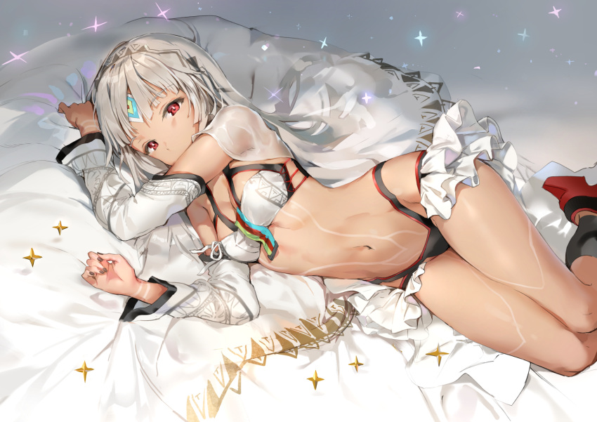 1girl altera_(fate) anmi arms_up bed_sheet black_legwear breasts cleavage dark_skin detached_sleeves fate/extra fate/grand_order fate_(series) grey_hair highres long_hair looking_at_viewer lying midriff nail_polish navel on_side red_eyes revealing_clothes sheet_grab small_breasts solo sparkle tattoo veil