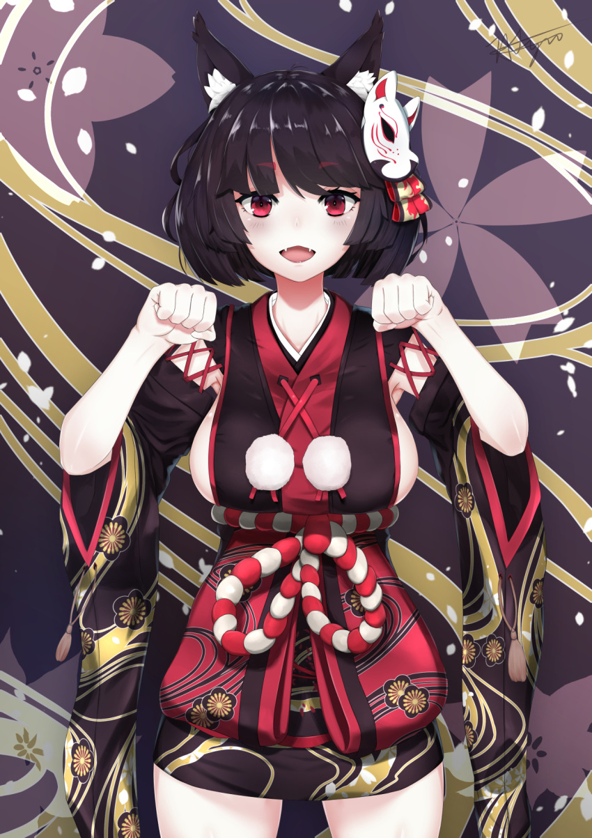 1girl animal_ears azur_lane black_hair blush breasts chaciooh clenched_hands commentary_request eyebrows_visible_through_hair fangs fox_mask highres japanese_clothes looking_at_viewer mask mask_on_head medium_breasts open_mouth red_eyes short_hair sideboob smile solo standing wide_sleeves yamashiro_(azur_lane)