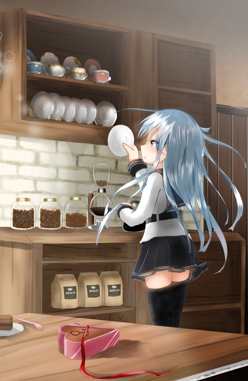 1girl ahoge anchor_symbol black_legwear blue_eyes blue_hair blurry blurry_background blush cabinet cake chocolate chocolate_cake coffee_maker_(object) cup depth_of_field eyebrows_visible_through_hair food fork heart-shaped_box hibiki_(kantai_collection) highres indoors jar kantai_collection kitchen long_sleeves oni_(onirenger) open_box plate profile saucer shelf shiny shiny_hair shirt sideways_mouth slice_of_cake solo standing stone_wall straight_hair thigh-highs verniy_(kantai_collection) wall white_shirt wooden_table zettai_ryouiki