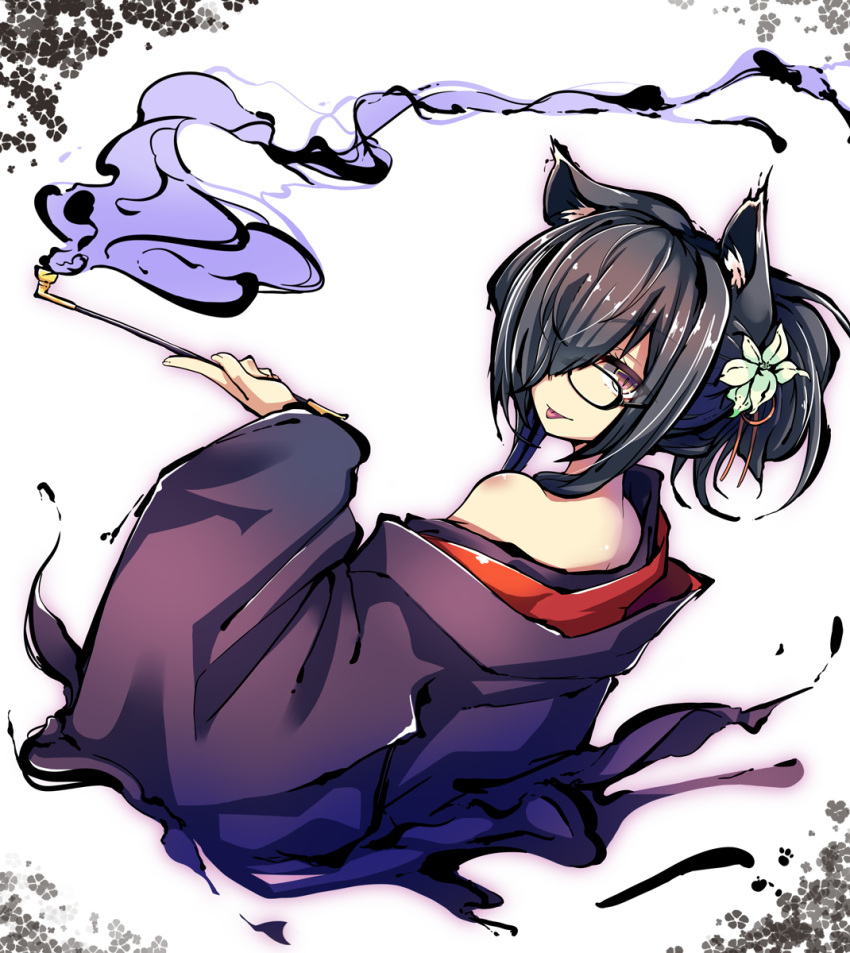 1girl animal_ears bespectacled black-framed_eyewear black_hair cat_ears flower from_behind glasses hair_flower hair_ornament hair_over_one_eye highres japanese_clothes kimono koharu_(sennen_sensou_aigis) looking_at_viewer looking_back off_shoulder ogami_kazuki pipe sennen_sensou_aigis slit_pupils smoking solo tongue tongue_out