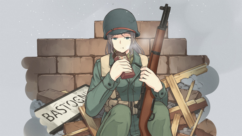 1girl breasts chocolate_bar commentary_request debris eating green_eyes gun helmet highres holding holding_gun holding_weapon mikado_(winters) military military_uniform original rifle sitting snowing solo uniform wall weapon