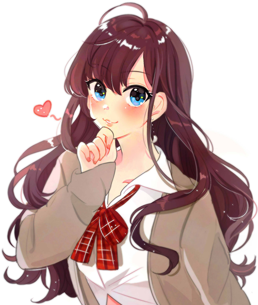 1girl :3 ahoge bangs blue_eyes blush brown_hair brown_sweater cardigan collarbone dress_shirt earrings eyebrows_visible_through_hair hand_on_own_chin heart highres ichinose_shiki idolmaster idolmaster_cinderella_girls jewelry long_hair looking_at_viewer necktie open_cardigan open_clothes red_neckwear shiny shiny_hair shirt simple_background smile solo tomato_omurice_melon wavy_hair white_background