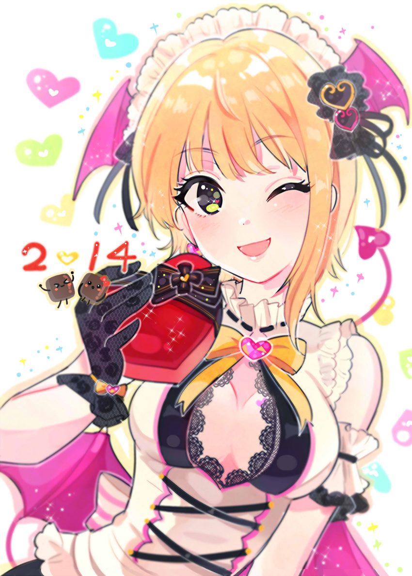 1girl absurdres arm_garter asymmetrical_hair bangs bat_wings black_gloves blonde_hair blush box breasts chocolate cleavage_cutout cross-laced_clothes dated demon_tail eyebrows_visible_through_hair frills gift gift_box gloves green_eyes happy_birthday head_wings headdress heart heart-shaped_box highres idolmaster idolmaster_cinderella_girls idolmaster_cinderella_girls_starlight_stage looking_at_viewer medium_breasts miyamoto_frederica neck_ribbon one_eye_closed open_mouth ribbon shiny shiny_hair short_hair sleeveless smile solo sparkle tail tomato_omurice_melon wings yellow_ribbon