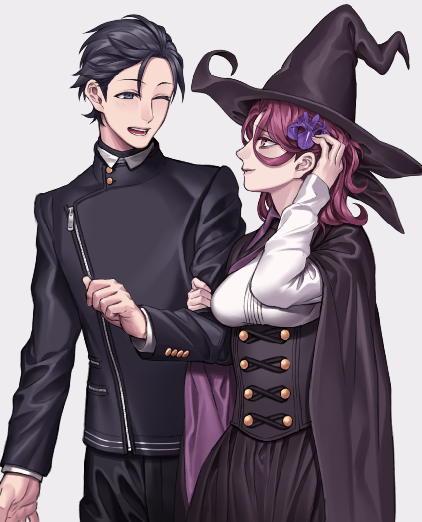 1boy 1girl ;d black_hair blue_eyes breasts cape clenched_hand flower hair_flower hair_ornament hat highres locked_arms long_hair looking_at_another one_eye_closed open_mouth original purple_hair smile sora_yoshitake_yuda teeth violet_eyes witch_hat
