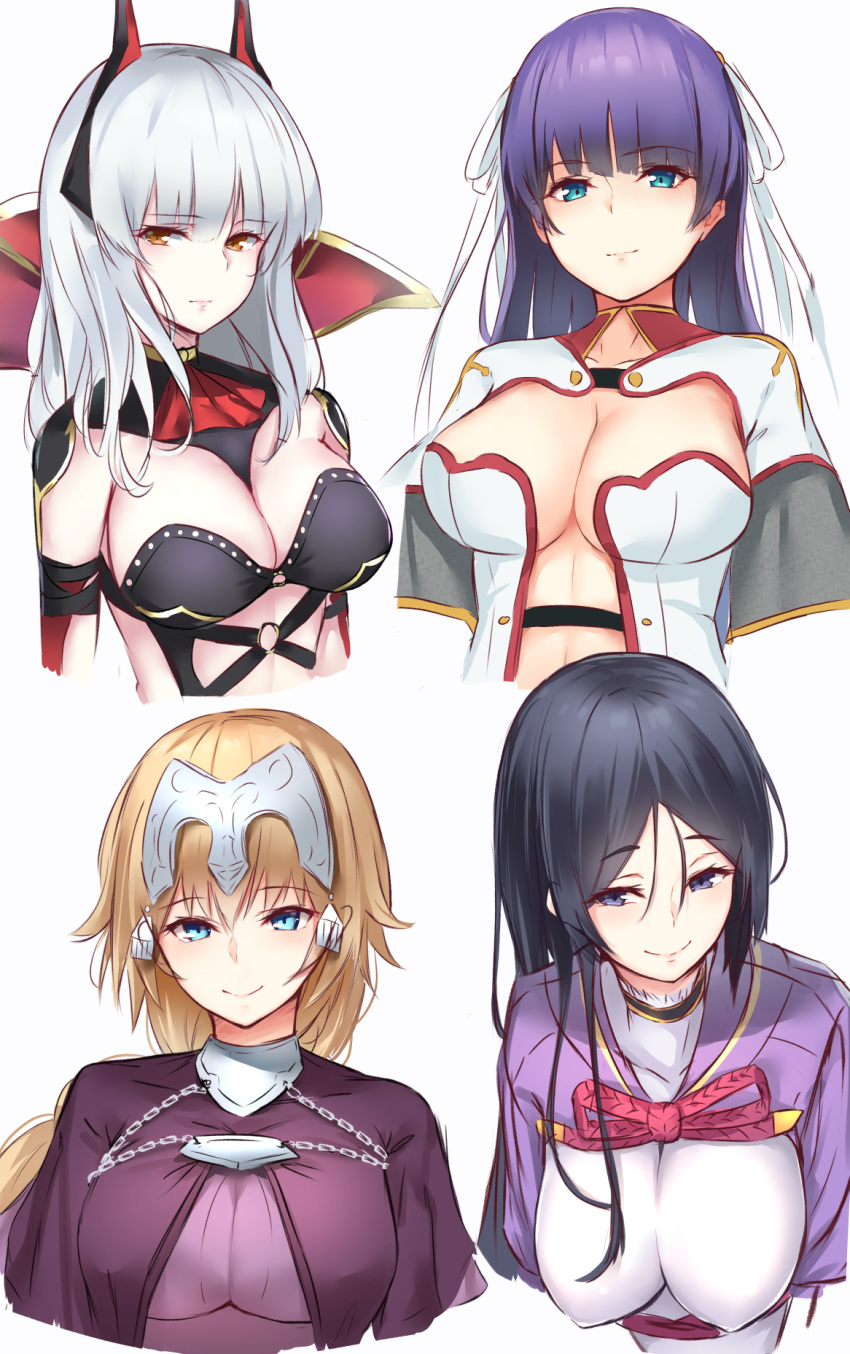 4girls black_hair blonde_hair blue_eyes borushichi breasts breasts_apart brown_eyes carmilla_(fate/grand_order) chains cleavage collarbone detached_sleeves eyebrows_visible_through_hair fate/grand_order fate_(series) hair_between_eyes hair_ribbon highres jeanne_d'arc_(fate) jeanne_d'arc_(fate)_(all) large_breasts leaning_forward long_hair looking_at_viewer midriff minamoto_no_raikou_(fate/grand_order) multiple_girls ponytail purple_hair ribbon saint_martha silver_hair simple_background sketch smile stomach upper_body white_background white_ribbon