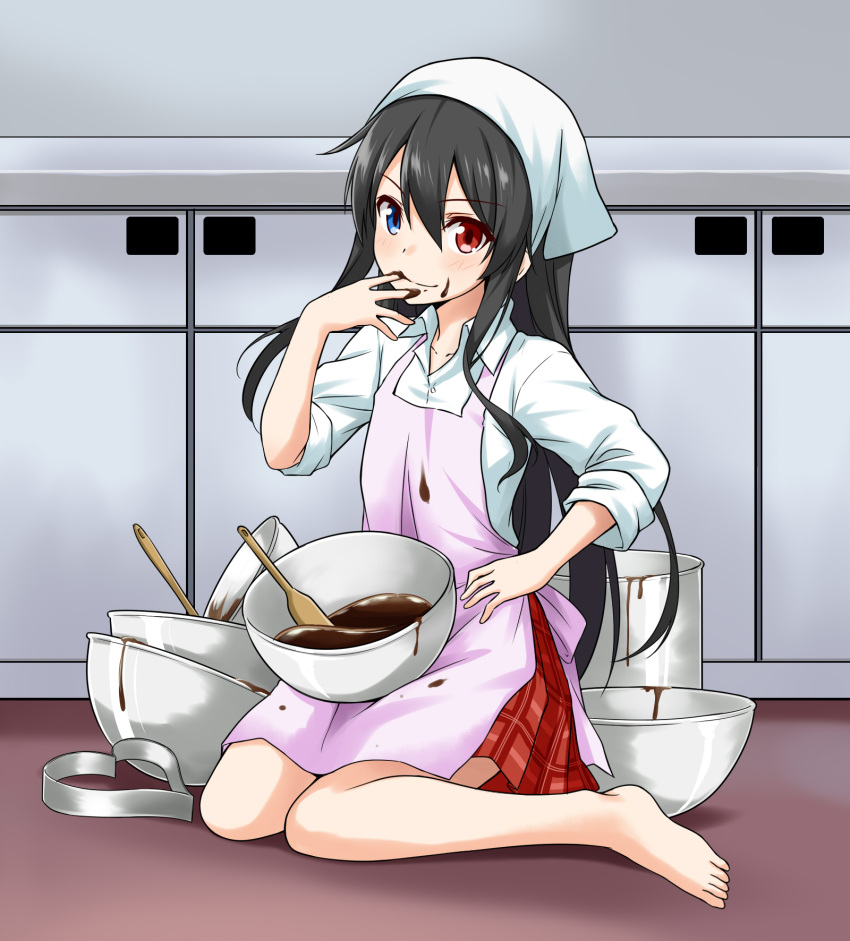 1girl apron bare_legs barefoot bellezza_felutia black_hair blue_eyes blush bowl chocolate chocolate_on_fingers closed_mouth collared_shirt felutiahime finger_to_mouth food food_on_face full_body grey_background head_scarf heart heterochromia highres long_hair long_sleeves looking_at_viewer on_floor original pink_apron plaid plaid_skirt pot red_eyes red_skirt shelf shiny shirt simple_background sitting skirt sleeves_pushed_up smile solo spatula trap valentine very_long_hair white_shirt wing_collar