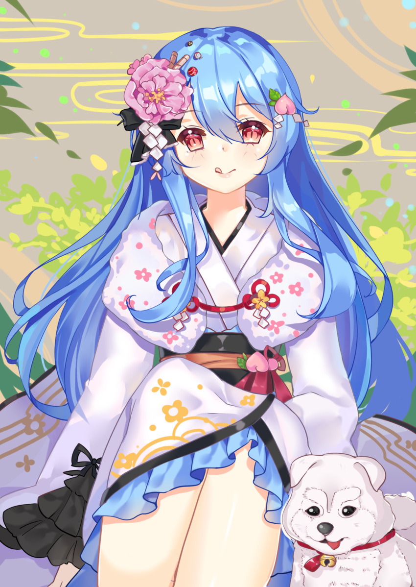 1girl :q alternate_costume arm_rest binan_xian_lu blue_hair dog flower food_themed_hair_ornament grey_background hair_flower hair_ornament highres hinanawi_tenshi japanese_clothes kimono knee_up leaf leaf_background long_hair looking_at_viewer neck_bell obi peach_hair_ornament red_eyes red_ribbon ribbon sash shide sitting solo tongue tongue_out touhou