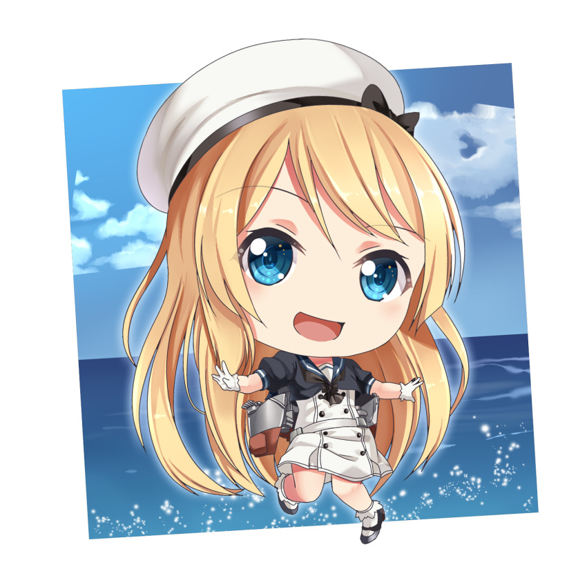 1girl :d blonde_hair blue_eyes blue_sailor_collar dress gloves hat highres jervis_(kantai_collection) kantai_collection long_hair ocean open_mouth sailor_collar sailor_dress short_sleeves smile solo white_gloves white_hat yasume_yukito
