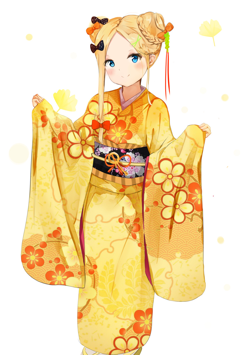1girl abigail_williams_(fate/grand_order) absurdres asymmetrical_hair bangs black_bow blonde_hair blue_eyes blush bow closed_mouth commentary_request double_bun fate/grand_order fate_(series) fingernails floral_print forehead hair_bow hair_ornament hairclip hands_up head_tilt highres japanese_clothes kimono long_sleeves obi orange_bow parted_bangs pinching_sleeves polka_dot polka_dot_bow print_kimono red_bow sash side_bun sidelocks sleeves_past_wrists smile socks solo standing white_background white_legwear wide_sleeves x_hair_ornament yellow_kimono yukaa