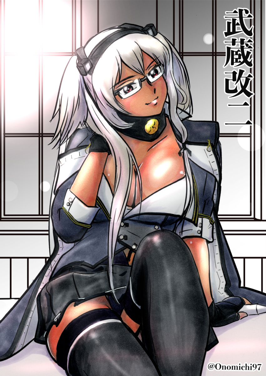 breasts commentary_request dark_skin glasses highres jacket_on_shoulders kantai_collection legs_crossed musashi_(kantai_collection) onomichi_(528959) remodel_(kantai_collection) tan twitter_username white_hair