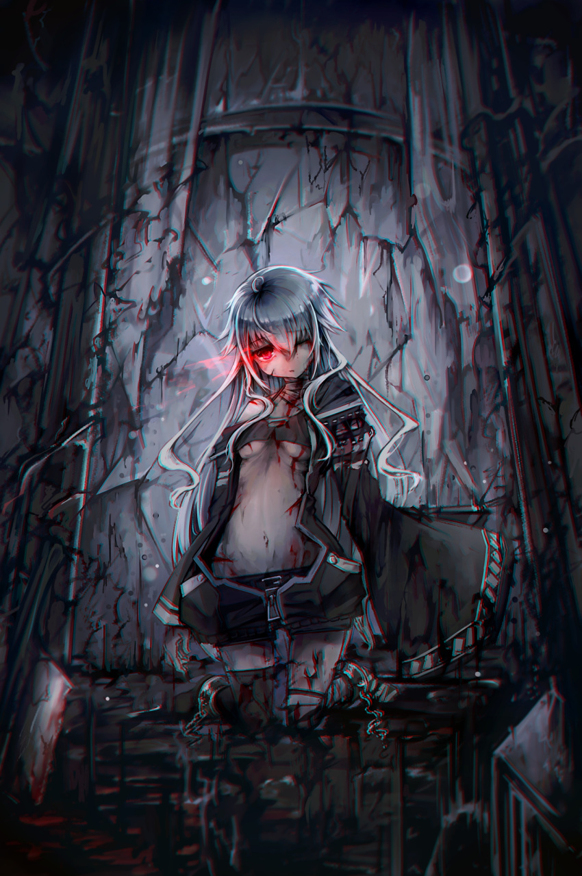 1girl ahoge bags_under_eyes bandage bangs blood blood_on_face bloody_clothes bloody_tears breasts cuffs eyebrows_visible_through_hair highres jacket kajaneko kneeling long_hair long_sleeves looking_at_viewer off_shoulder one_eye_closed open_clothes open_jacket original red_eyes scar shackles sidelocks single_over-kneehigh single_thighhigh small_breasts solo thigh-highs under_boob upper_body white_hair wide_sleeves zipper zipper_pull_tab