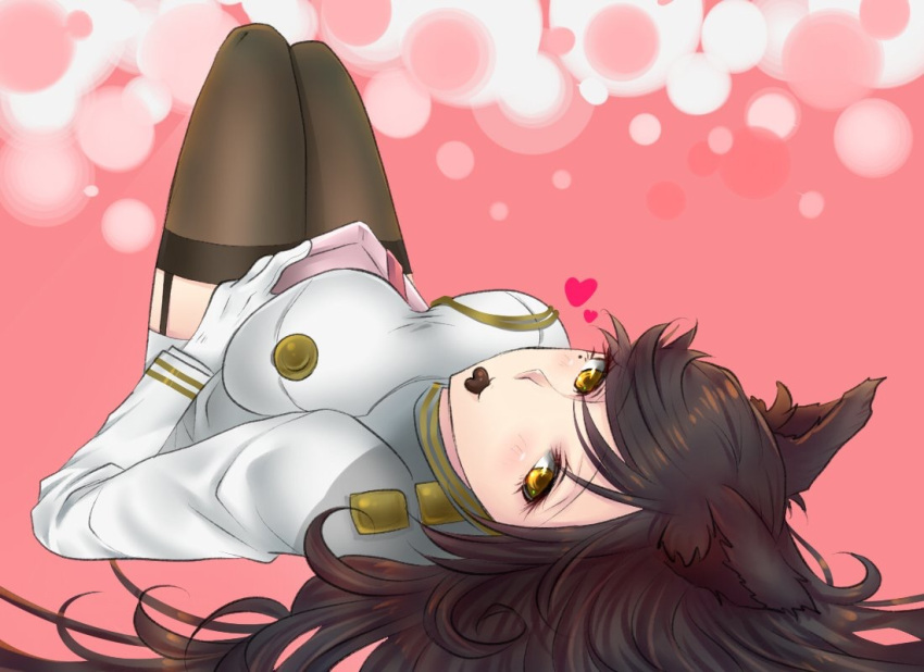 1girl animal_ears atago_(kantai_collection) azur_lane bangs blush box chocolate_hair closed_mouth dress full_body garter_straps gloves heart holding holding_box knees_up kukua_(mosushi) long_hair long_sleeves looking_at_viewer looking_back lying military military_uniform mole mole_under_eye mouth_hold on_back pink_background smile solo swept_bangs thigh-highs uniform valentine very_long_hair white_dress white_gloves yellow_eyes zettai_ryouiki