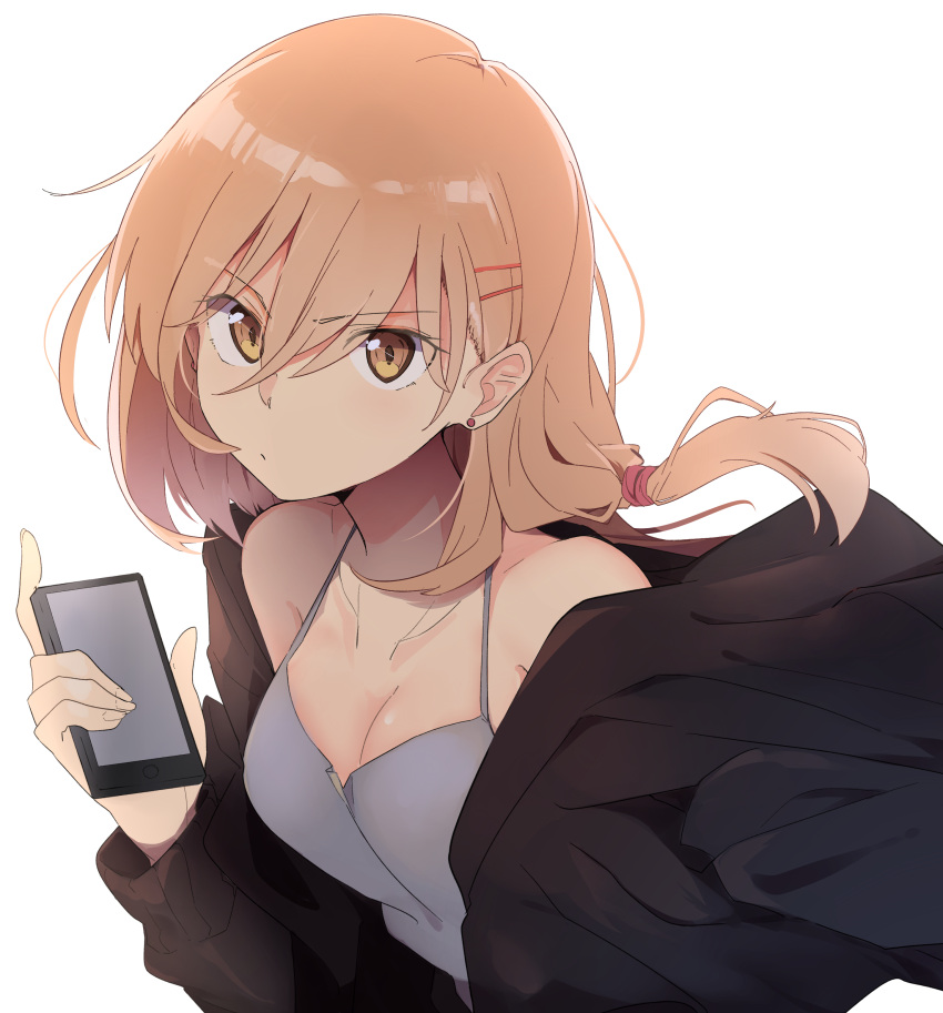 1girl absurdres bangs bare_shoulders black_jacket breasts brown_eyes camisole cellphone cleavage closed_mouth collarbone company_connection hair_between_eyes hair_ornament hair_tie hairclip highres holding holding_phone jacket kazenoko long_hair looking_at_viewer low-tied_long_hair low_ponytail medium_breasts off_shoulder open_clothes open_jacket orange_hair original phone serious shiny shiny_hair simple_background smartphone solo spaghetti_strap upper_body v-shaped_eyebrows white_background