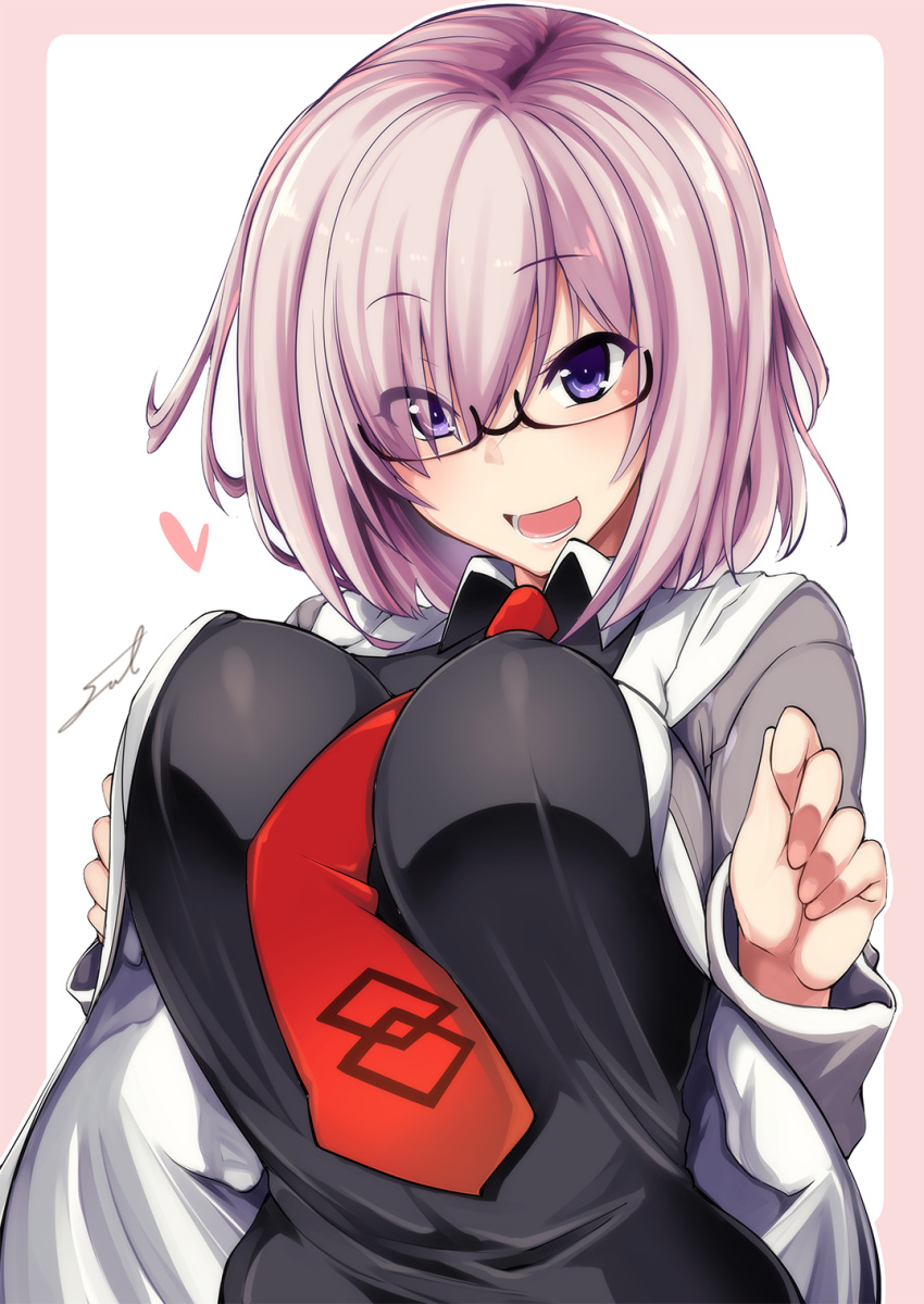 1girl breasts eyebrows_visible_through_hair eyes_visible_through_hair fate/grand_order fate_(series) fue_(rhomphair) glasses hair_over_one_eye highres mash_kyrielight medium_hair necktie shielder_(fate/grand_order) smile solo upper_body violet_eyes