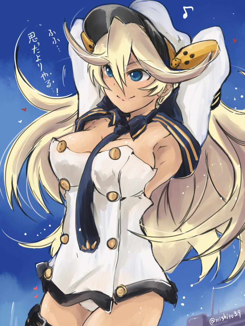 1girl armpits arms_up azur_lane bangs belt belt_buckle black_belt blonde_hair blue_eyes blue_neckwear blue_sky breasts buckle buttons cleavage closed_mouth day dress eyebrows eyebrows_visible_through_hair facing_away hair_between_eyes hat highres legs_together lips long_hair long_sleeves looking_away medium_breasts microdress mishiro_shinza motion_lines musical_note necktie no_bra outdoors panties peaked_cap pink_lips quaver sky smile solo strapless strapless_dress tennessee_(azur_lane) thigh_strap translated twitter_username underwear white_dress white_hat white_panties