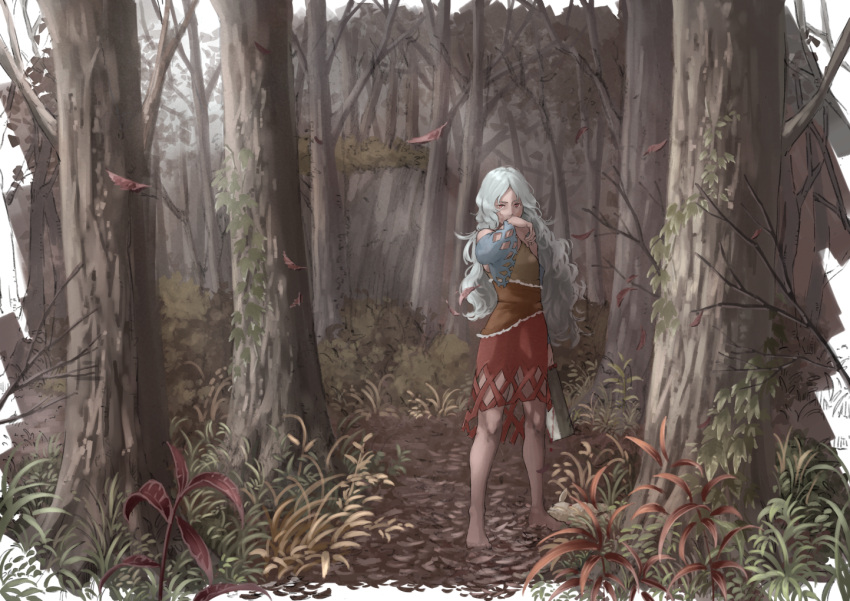 1girl arm_at_side bare_legs bare_shoulders barefoot blood day detached_sleeves dress dripping forest full_body grey_hair hand_to_own_mouth hand_up hatchet holding long_hair looking_at_viewer multicolored multicolored_clothes multicolored_dress nagi_(xx001122) nature outdoors red_eyes sakata_nemuno single_strap solo standing touhou tree wavy_hair