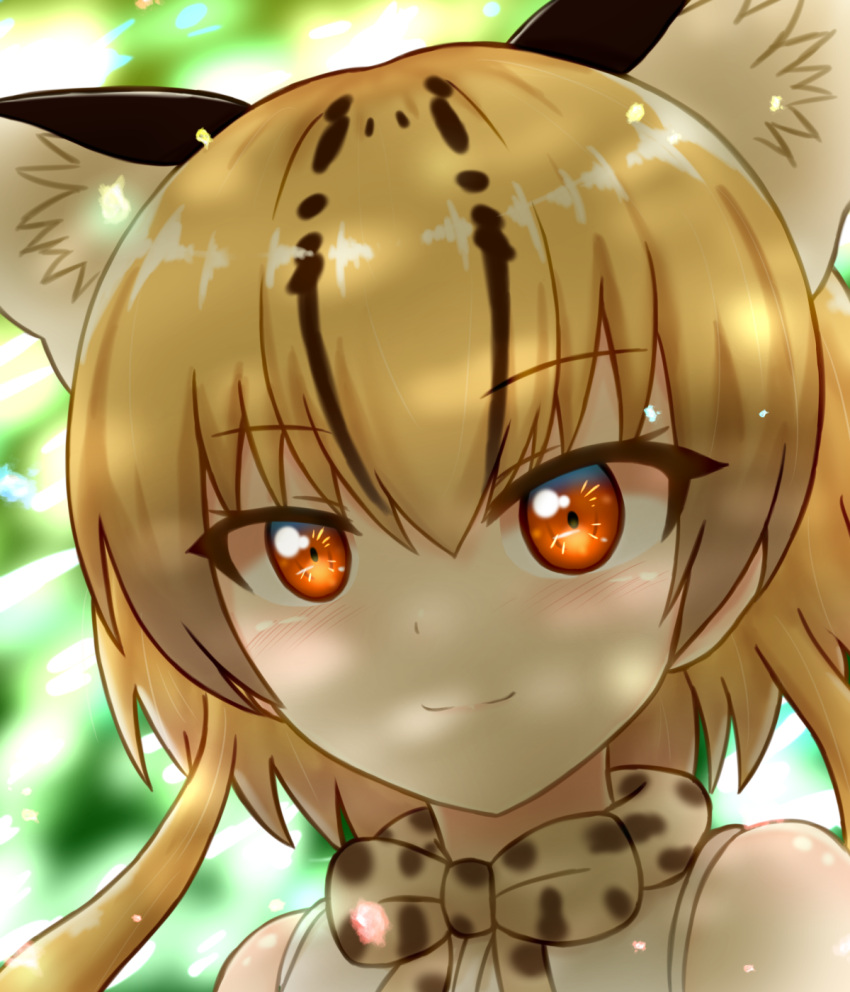 1girl animal_ears blonde_hair bow bowtie commentary highres kemono_friends multicolored_hair ocelot_(kemono_friends) ocelot_ears orange_eyes shadow shiraha_maru short_hair sleeveless smile