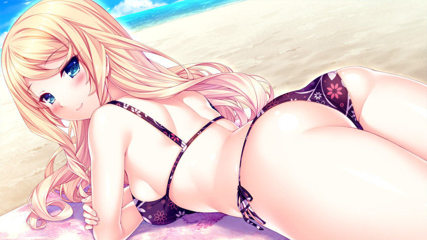 1girl ass bangs beach bikini black_bikini blonde_hair blue_eyes blue_sky blush breasts closed_eyes clouds cloudy_sky day eyebrows_visible_through_hair eyelashes fingernails floral_print from_behind game_cg half-closed_eyes horizon lips lisa_(tropical_liquor) long_fingernails long_hair looking_at_viewer looking_back lying medium_breasts ocean on_stomach outdoors sand sayori shiny shiny_skin shoulder_blades side-tie_bikini sidelocks skindentation sky small_breasts smile solo swimsuit thighs tropical_liquor twisted_neck water