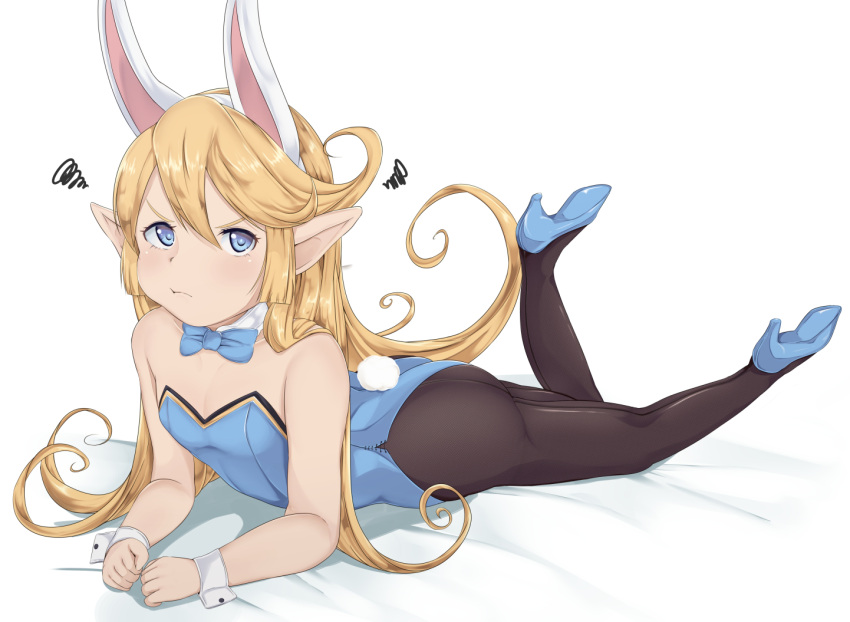 1girl animal_ears blonde_hair blue_eyes blue_footwear blue_leotard blue_neckwear blush bullseye1203 bunny_tail bunnysuit charlotta_(granblue_fantasy) clenched_hands closed_mouth detached_collar fake_animal_ears flat_chest from_side full_body granblue_fantasy hair_between_eyes high_heels leg_lift leotard long_hair looking_at_viewer lying on_stomach pantyhose pointy_ears rabbit_ears solo squiggle tail v-shaped_eyebrows very_long_hair white_background wrist_cuffs