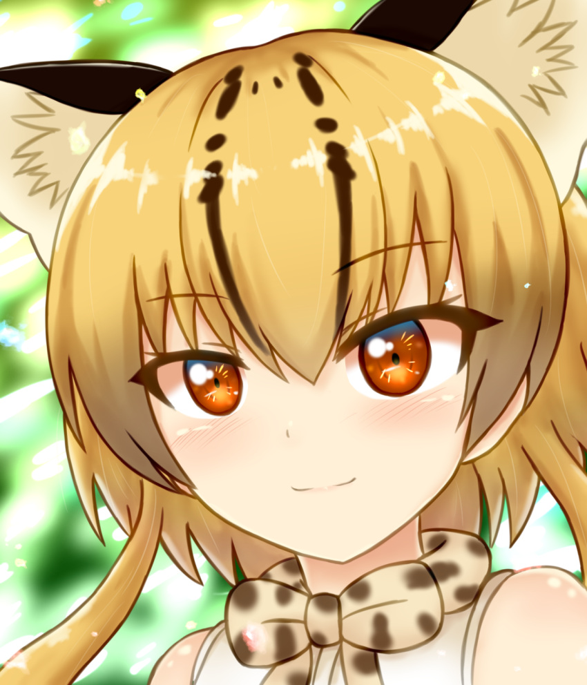 1girl animal_ears blonde_hair bow bowtie highres kemono_friends multicolored_hair ocelot_(kemono_friends) ocelot_ears orange_eyes shiraha_maru short_hair sleeveless smile