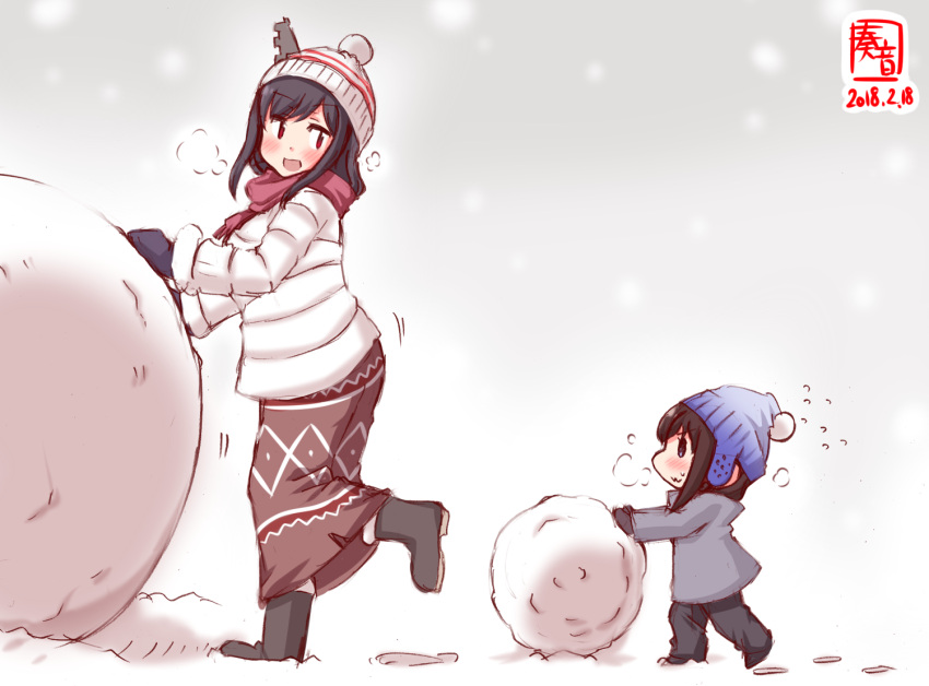 2girls :3 beanie black_footwear black_hair blue_eyes blue_hat brown_skirt commentary_request dated grey_coat hair_over_shoulder hat kanon_(kurogane_knights) kantai_collection logo long_hair multiple_girls red_eyes rolling shigure_(kantai_collection) short_hair skirt snowball white_hat winter_clothes yamashiro_(kantai_collection) younger