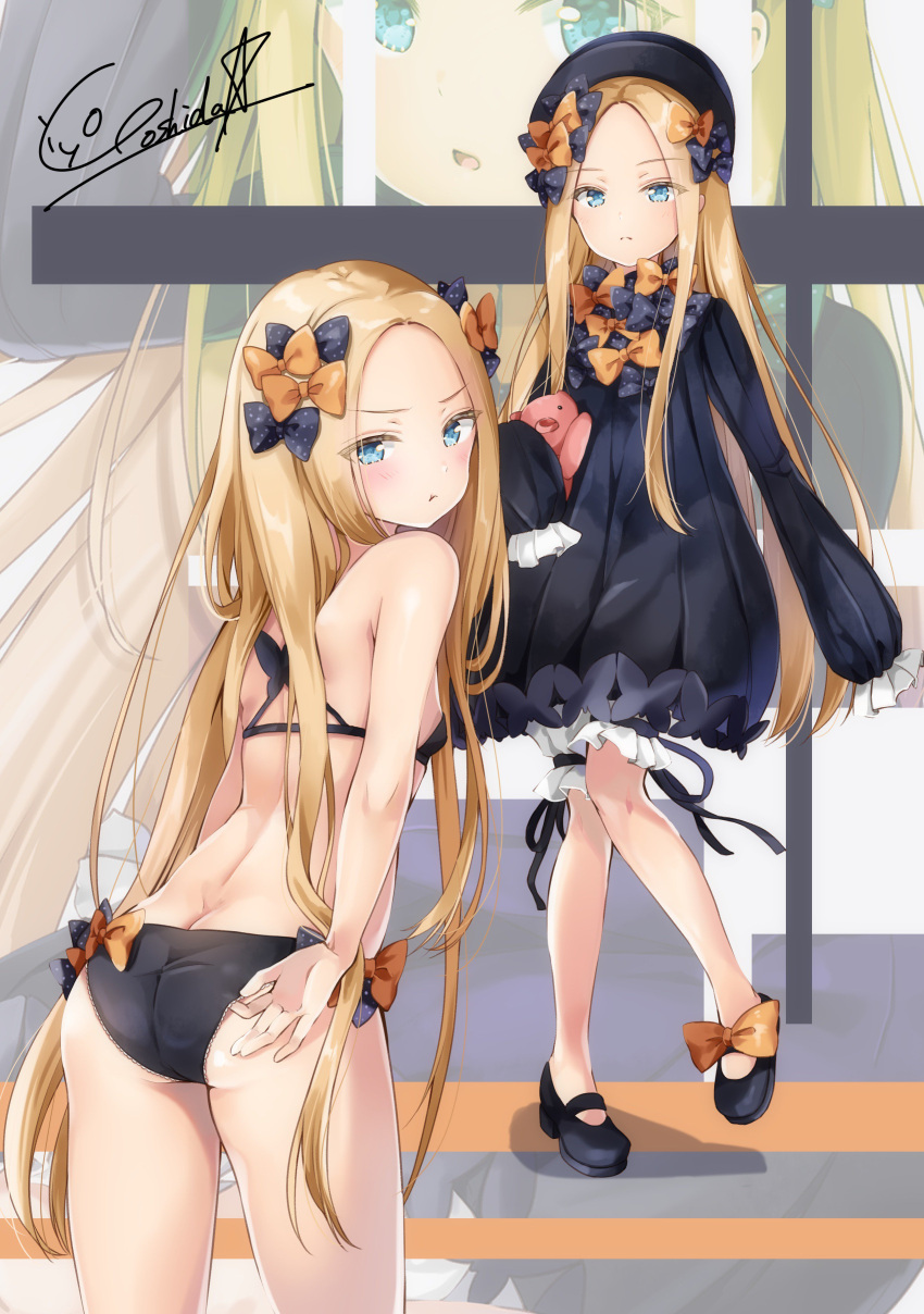 1girl :t abigail_williams_(fate/grand_order) absurdres adjusting_clothes adjusting_panties ass bangs black_bow black_dress black_hat black_panties blonde_hair bloomers blue_eyes bow breasts butt_crack butterfly dress fate/grand_order fate_(series) forehead frown hat highres holding holding_stuffed_animal long_hair looking_at_viewer looking_back multiple_views object_hug orange_bow panties parted_bangs polka_dot polka_dot_bow signature sleeves_past_fingers sleeves_past_wrists small_breasts stuffed_animal stuffed_toy teddy_bear underwear white_bloomers yoshida_iyo