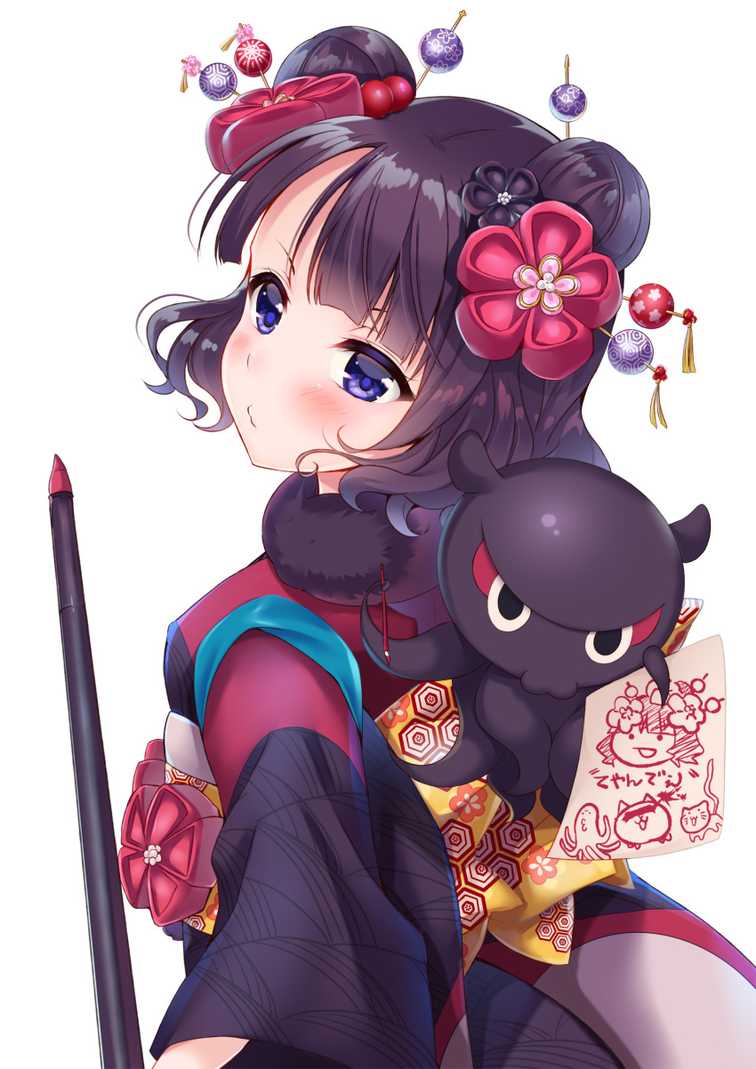 1girl black_hair blue_eyes blush commentary_request doodle fate/grand_order fate_(series) flower hair_flower hair_ornament hairpin highres japanese_clothes katsushika_hokusai_(fate/grand_order) kimono ko_yu looking_at_viewer obi octopus paintbrush sash short_hair simple_background solo white_background