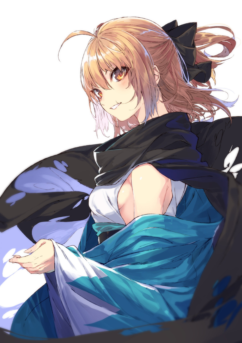 1girl absurdres ahoge bangs black_bow black_scarf blurry bow breasts brown_eyes brown_hair depth_of_field fate_(series) fingernails from_side grin hair_between_eyes hair_bow half_updo haori highres japanese_clothes kimono koha-ace kuwashima_rein long_sleeves looking_at_viewer looking_to_the_side obi off_shoulder okita_souji_(fate) sash scarf shinsengumi shiny shiny_hair short_hair sideboob simple_background sleeveless sleeveless_kimono small_breasts smile solo torn_scarf white_background white_kimono wide_sleeves wind