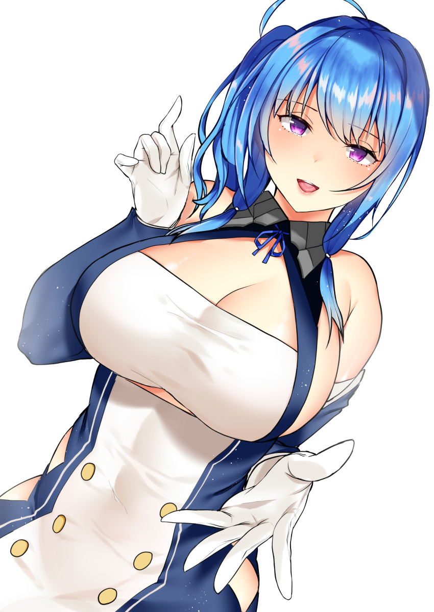 1girl absurdres ahoge azur_lane bangs blue_hair breasts buta_tamako buttons cleavage commentary_request eyebrows_visible_through_hair gloves hair_between_eyes hand_up highres looking_at_viewer parted_lips solo st._louis_(azur_lane) twintails violet_eyes white_gloves
