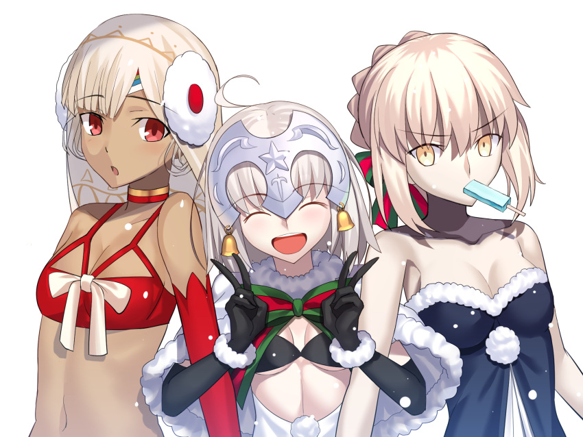 3girls artoria_pendragon_(all) besmiled black_bra black_gloves bow bra breasts character_request cleavage closed_eyes collarbone dark_skin double_v elbow_gloves eyebrows_visible_through_hair fate/grand_order fate_(series) food fur_trim gloves hair_between_eyes hair_bow highres ice_cream jeanne_d'arc_(fate)_(all) jeanne_d'arc_alter_santa_lily locked_arms looking_at_viewer midriff mouth_hold multiple_girls navel open_mouth red_bra red_gloves saber_alter short_hair_with_long_locks sidelocks silver_hair small_breasts smile stomach strapless striped striped_bow under_boob underwear upper_body v veil white_background wrist_cuffs yellow_eyes