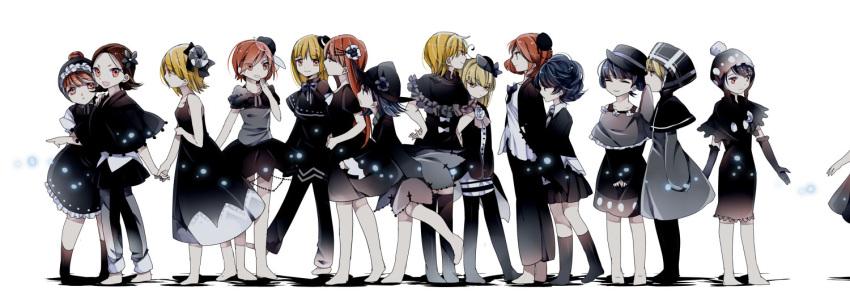 6+girls ayumaru_(art_of_life) beanie behind_another black_dress black_flower black_gloves black_hair black_pants blonde_hair bow brown_hair clara_dolls_(madoka_magica) closed_eyes dress elbow_gloves flower full_body gloves hair_flower hair_ornament hand_holding hand_to_own_mouth hat long_hair mahou_shoujo_madoka_magica mahou_shoujo_madoka_magica_movie mini_hat mini_top_hat multiple_girls out_of_frame pants personification red_eyes redhead short_hair simple_background standing top_hat white_background witch_hat