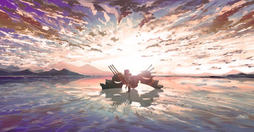 1girl brown_hair cannon clouds cloudy_sky detached_sleeves kantai_collection lens_flare long_hair miniskirt mountain outdoors partially_submerged ponytail reflection rigging single_thighhigh skirt sky solo standing thigh-highs turret very_long_hair yamato_(kantai_collection) ylmi