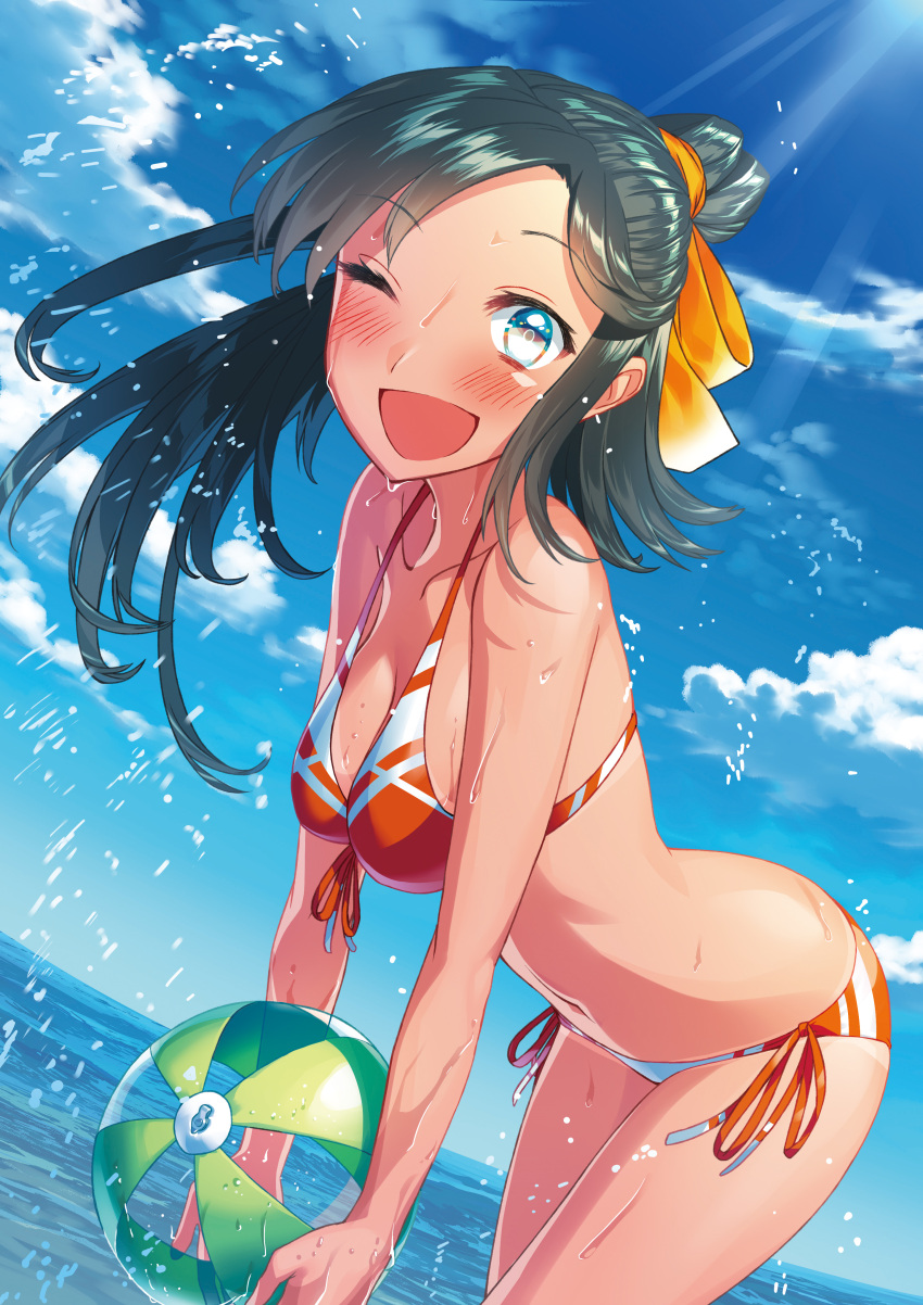 1girl ;d absurdres aqua_hair ball bare_arms bare_shoulders beachball bent_over bikini bikini_tan blew_andwhite blue_eyes blue_sky blush breasts cleavage collarbone cowboy_shot day dripping dutch_angle front-tie_bikini front-tie_top hair_ribbon highres holding holding_ball horizon light_rays long_hair medium_breasts moe2018 navel ocean one_eye_closed open_mouth orange_bikini orange_ribbon original outdoors ponytail ribbon shiny shiny_hair side-tie_bikini sky smile solo splashing standing stomach strap_gap sunbeam sunlight swimsuit tan tanline transparent water water_drop wet wet_hair yellow_ribbon