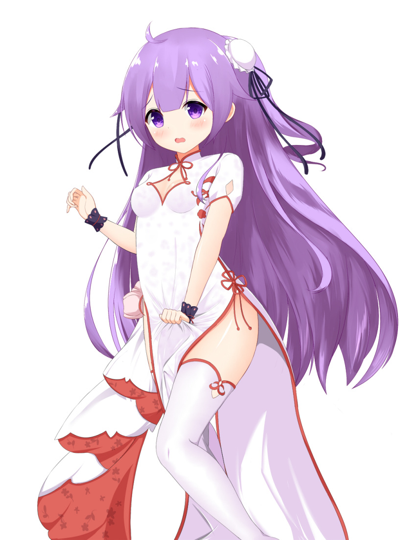 1girl azur_lane bangs blush breasts bun_cover china_dress chinese_clothes cleavage commentary_request double_bun dress eyebrows_visible_through_hair fingernails highres long_hair medium_breasts one_side_up parted_lips pelvic_curtain purple_hair roido_(taniko-t-1218) short_sleeves side_bun simple_background solo thigh-highs unicorn_(azur_lane) very_long_hair violet_eyes white_background white_dress white_legwear wrist_cuffs