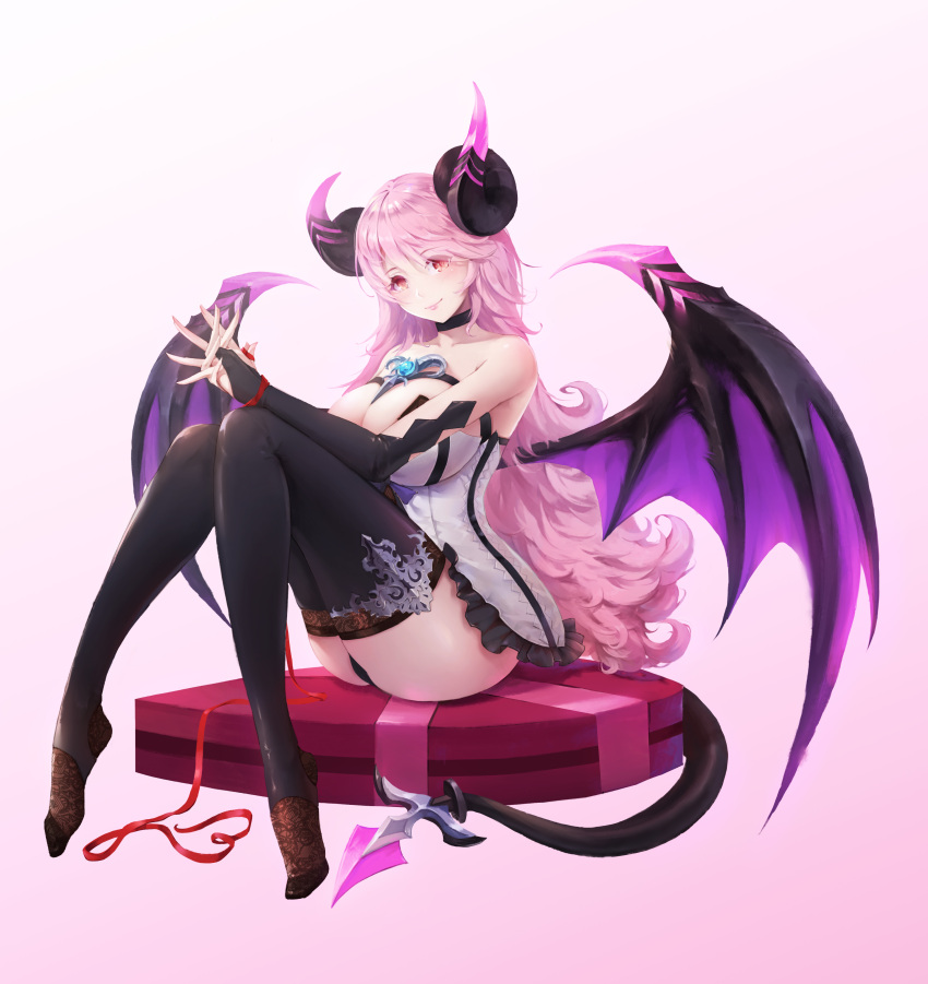 1girl absurdres aura_kingdom bare_shoulders black_choker black_legwear breasts choker cookman demon_girl elbow_gloves fingerless_gloves gloves gradient highres horns large_breasts long_hair looking_at_viewer pantyhose pink_background pink_hair red_eyes sitting succubus tail thigh-highs valentine wings
