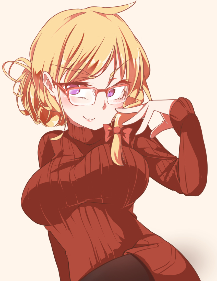 1girl alternate_costume alternate_hairstyle bangs bespectacled blonde_hair breasts closed_mouth commentary_request ear eyebrows_visible_through_hair glasses gokuu_(acoloredpencil) hair_ribbon highres large_breasts long_sleeves looking_at_viewer parted_bangs red_sweater ribbon smile solo touhou turtleneck turtleneck_sweater v-shaped_eyebrows violet_eyes yakumo_yukari