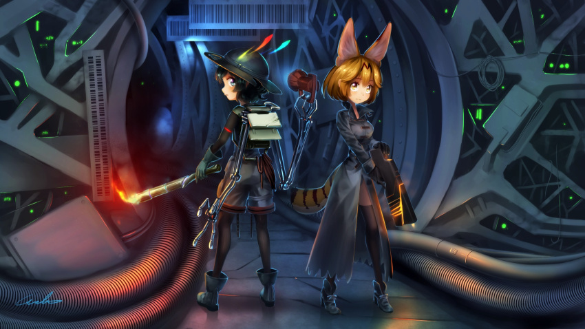 2girls alternate_costume animal_ears backpack bag black_gloves black_hair black_legwear blonde_hair blue_eyes boots coat commentary_request cyberpunk extra_arms extra_ears gloves gun hat hat_feather high_heels highres kaban_(kemono_friends) kemono_friends mechanical_arm multiple_girls overcoat pantyhose pantyhose_under_shorts rope serval_(kemono_friends) serval_ears serval_tail short_hair signature striped_tail tail tail_through_clothes thigh-highs torch weapon welt_(kinsei_koutenkyoku) yellow_eyes