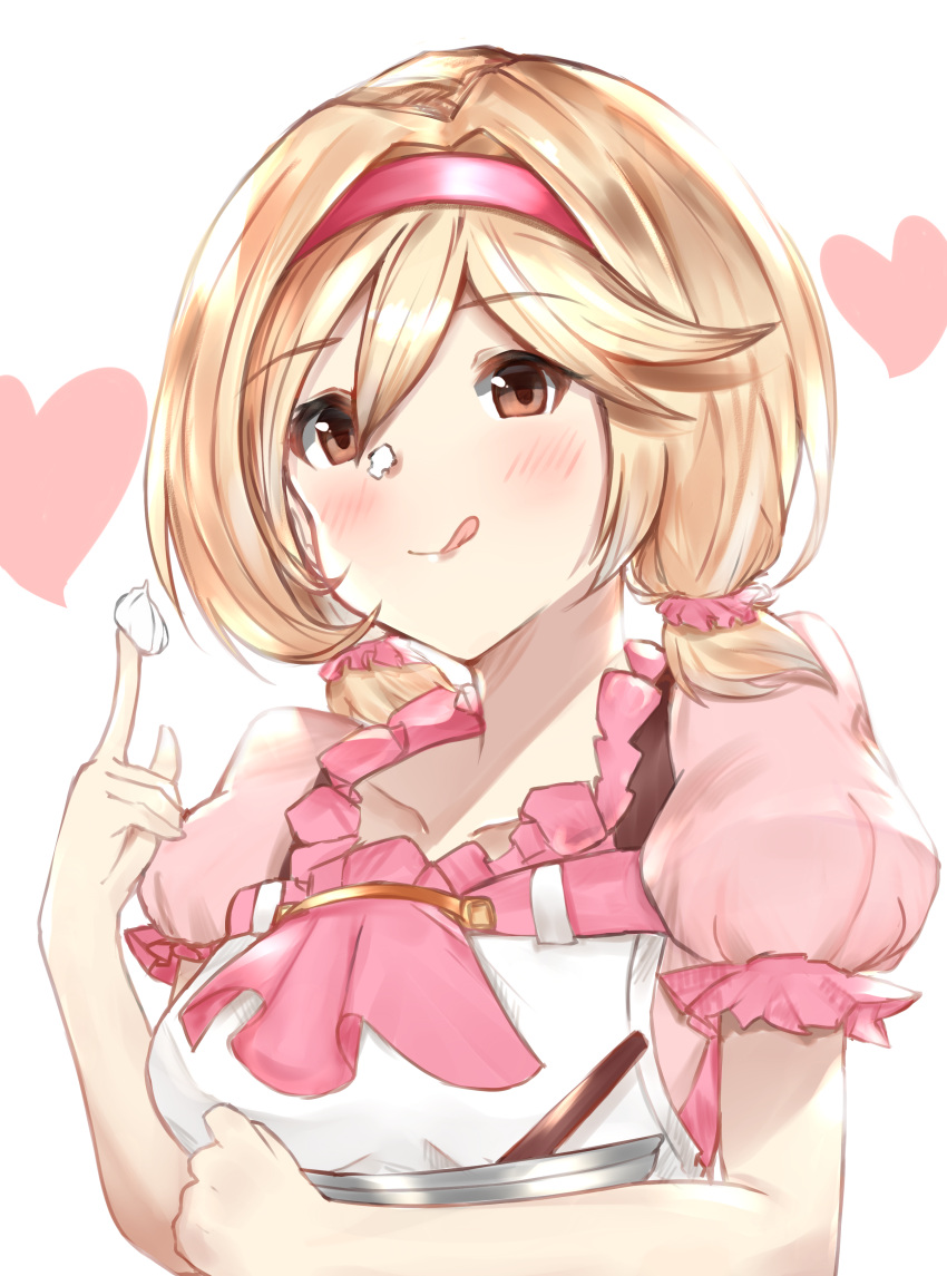 1girl :q absurdres alternate_hairstyle blonde_hair brown_eyes closed_mouth collarbone djeeta_(granblue_fantasy) eyebrows_visible_through_hair food food_on_face food_on_finger frilled_sleeves frills granblue_fantasy hair_ornament hair_scrunchie hairband heart highres holding low_twintails mixing_bowl nemun_(tamizzz) puffy_short_sleeves puffy_sleeves scrunchie short_sleeves short_twintails smile solo tongue tongue_out twintails upper_body whipped_cream white_background