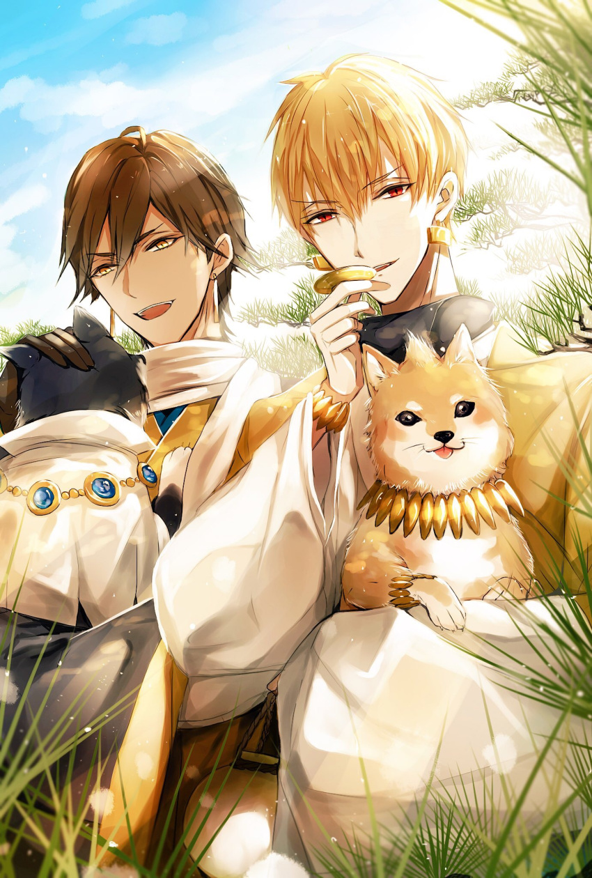 2boys black_gloves blonde_hair brown_hair day dog earrings fate_(series) gilgamesh gloves grass highres jewelry looking_at_viewer multiple_boys open_mouth outdoors ozymandias_(fate) red_eyes smile yellow_eyes