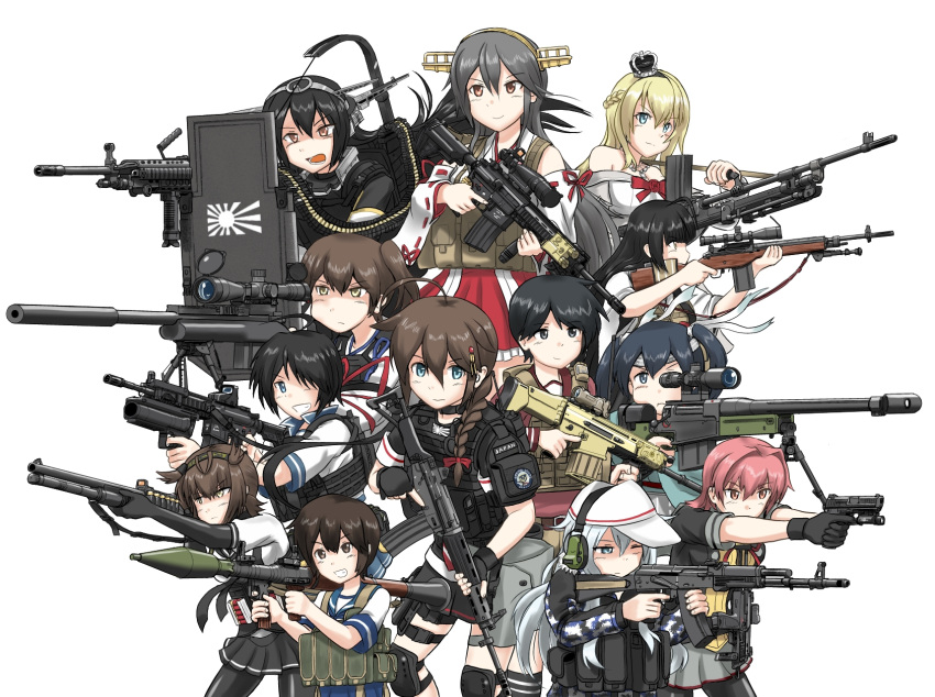 6+girls aiming black_hair blonde_hair brown_hair camouflage camouflage_jacket ear_protection gun handgun haruna_(kantai_collection) hatsuzuki_(kantai_collection) headgear headphones hibiki_(kantai_collection) highres kaga_(kantai_collection) kako_(kantai_collection) kantai_collection kinu_(kantai_collection) long_hair maaranto miyuki_(kantai_collection) mogami_(kantai_collection) multiple_girls nagato_(kantai_collection) pistol remodel_(kantai_collection) rifle rocket_launcher rpg school_uniform serafuku shigure_(kantai_collection) short_hair shouhou_(kantai_collection) simple_background sniper_rifle sniper_scope souryuu_(kantai_collection) upper_body verniy_(kantai_collection) vest warspite_(kantai_collection) weapon weapon_request white_background